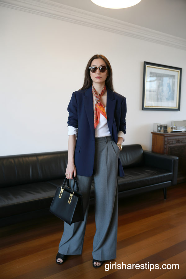 Navy Blazer And Scarf With Grey Tailored Trousers