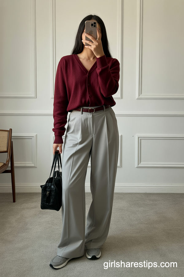 Burgundy Cardigan And Belt With Light Grey Wide-Leg Trousers