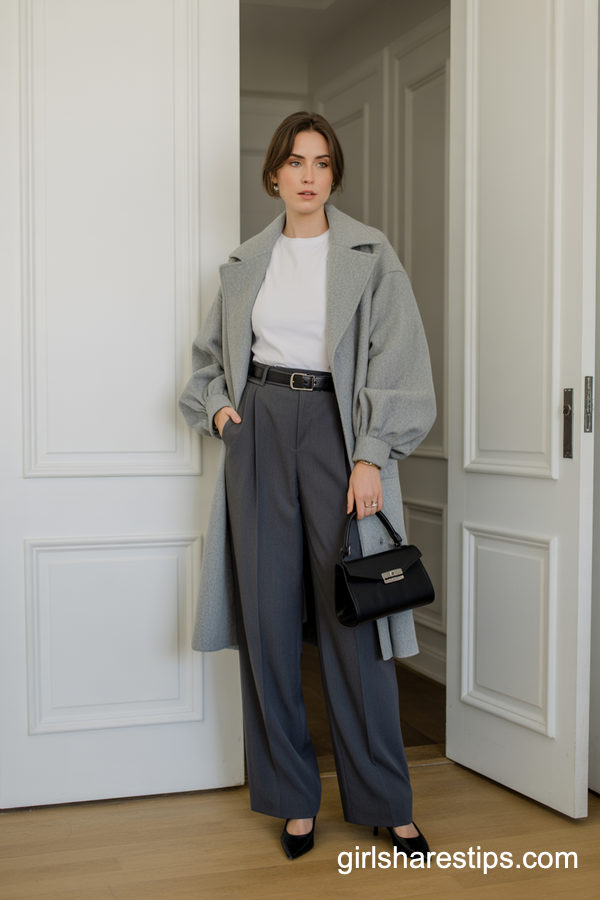 Oversized Grey Wool Coat With Charcoal Trousers And Heels