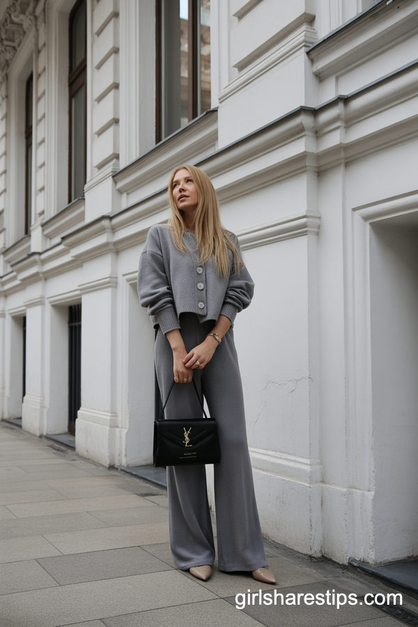 Monochrome Grey Knit Set With Wide-Leg Pants