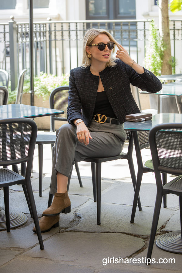 Black Tweed Blazer With Grey Dress Pants And Boots