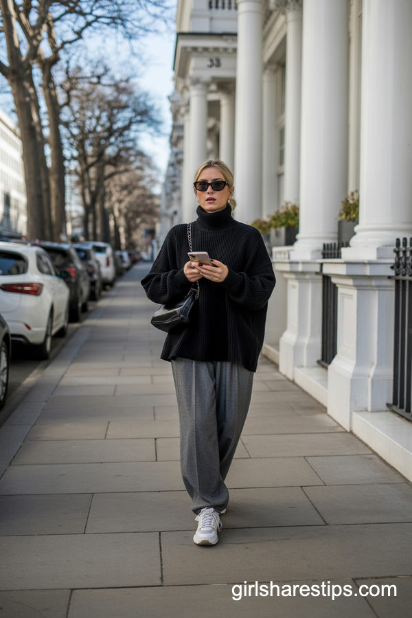 Oversized Black Turtleneck With Relaxed Grey Trousers
