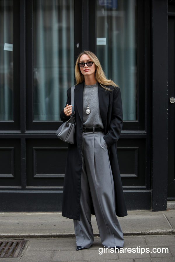 Long Black Coat With Grey Wide-Leg Pants And Sweater