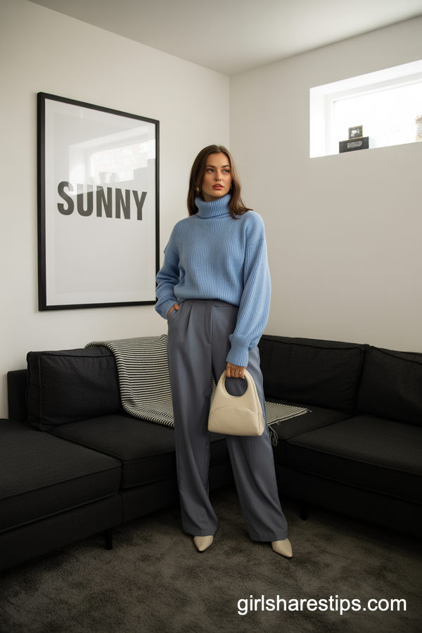 Light Blue Chunky Knit With High-Waisted Grey Trousers