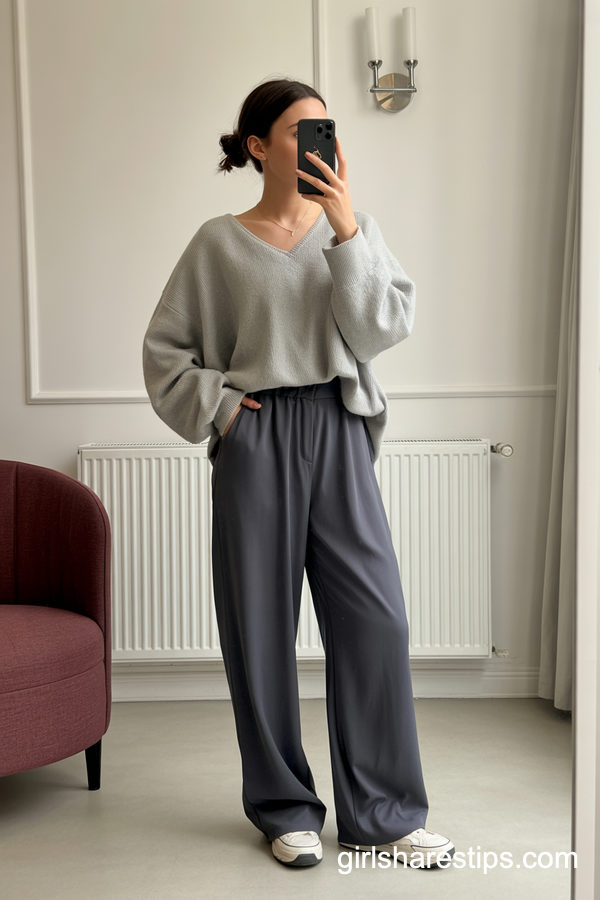 Soft Grey V-Neck Sweater With Charcoal Wide-Leg Pants