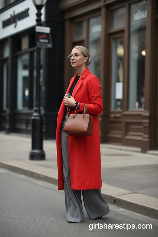 Statement Red Wool Coat With Grey Wide-Leg Pants