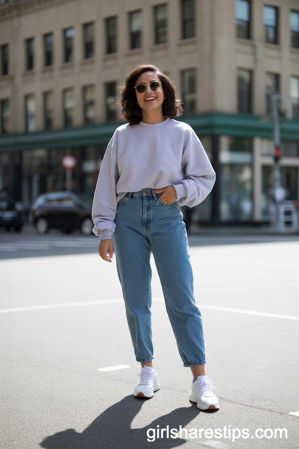Grey Sweatshirt with High-Waisted Mom Jeans and White Sneakers