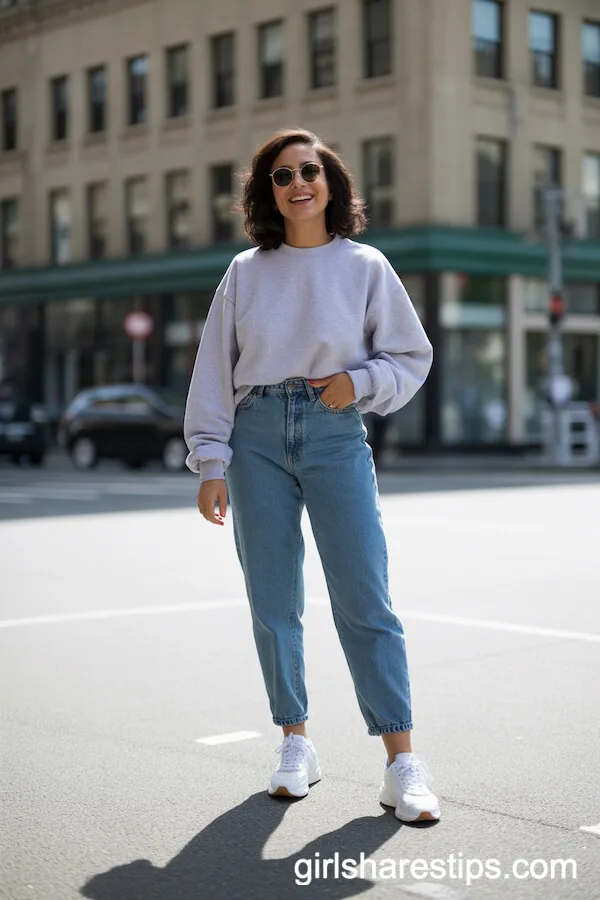 Grey Sweatshirt with High-Waisted Mom Jeans and White Sneakers