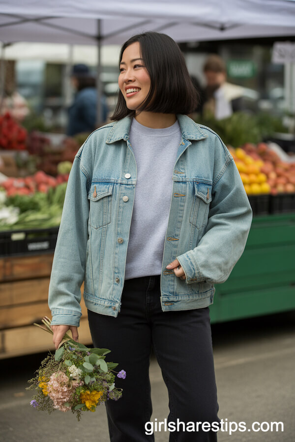 Grey Sweatshirt Under a Denim Jacket with Black Pants at the Farmers' Market