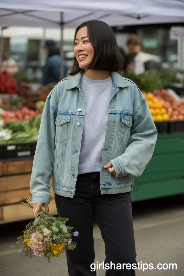 Grey Sweatshirt Under a Denim Jacket with Black Pants at the Farmers' Market