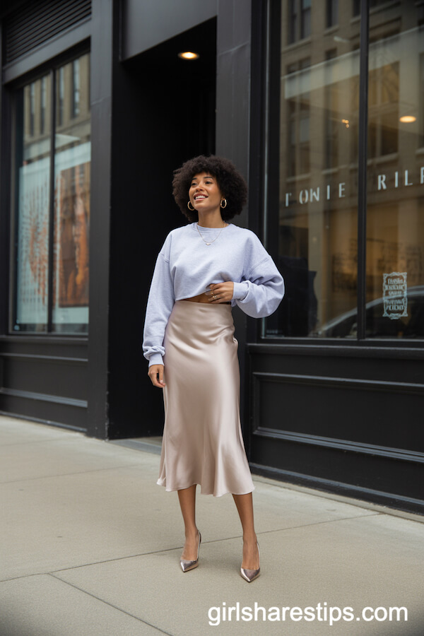 Cropped Faded Grey Sweatshirt with a Champagne Silk Midi Skirt