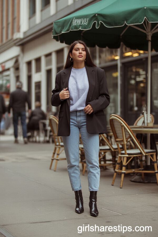 Grey Sweatshirt Layered Under an Oversized Black Blazer and Slim Jeans