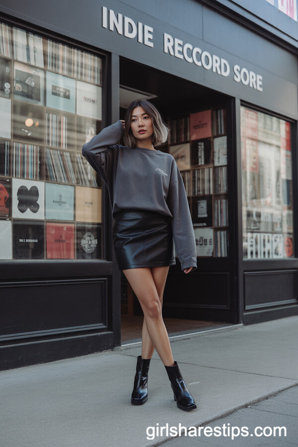 Charcoal Grey Sweatshirt with a Black Faux Leather Mini Skirt