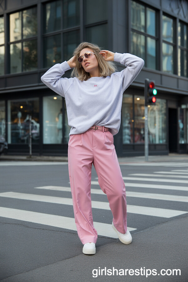 Plain Grey Sweatshirt Styled with Pastel Pink Trousers