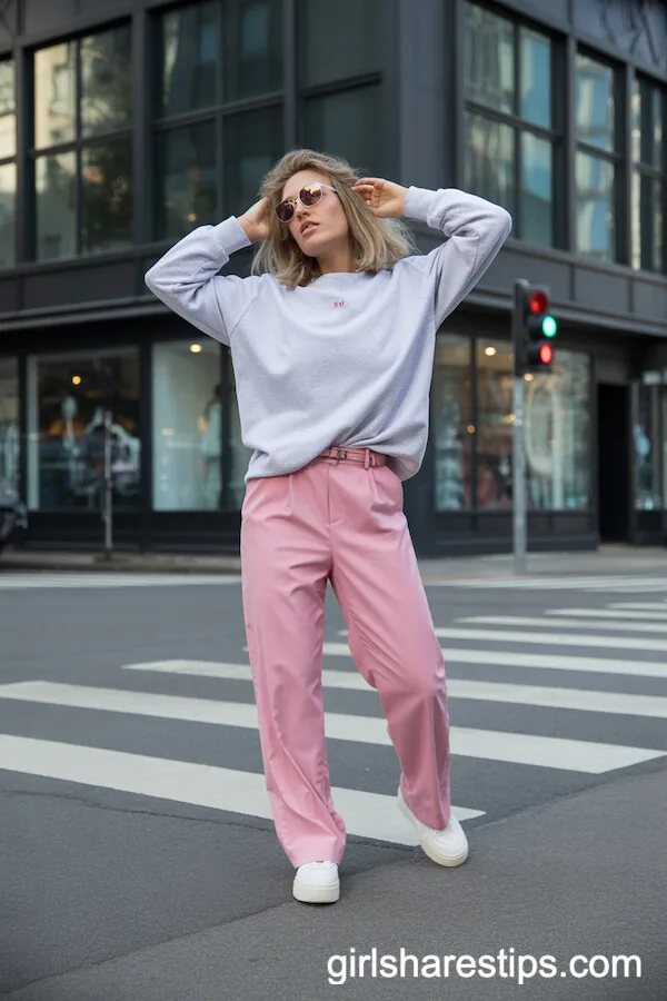 Plain Grey Sweatshirt Styled with Pastel Pink Trousers