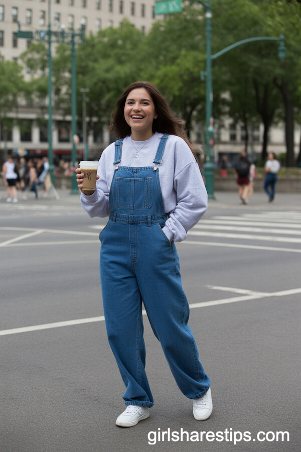 Light Grey Sweatshirt Layered Under Blue Denim Overalls