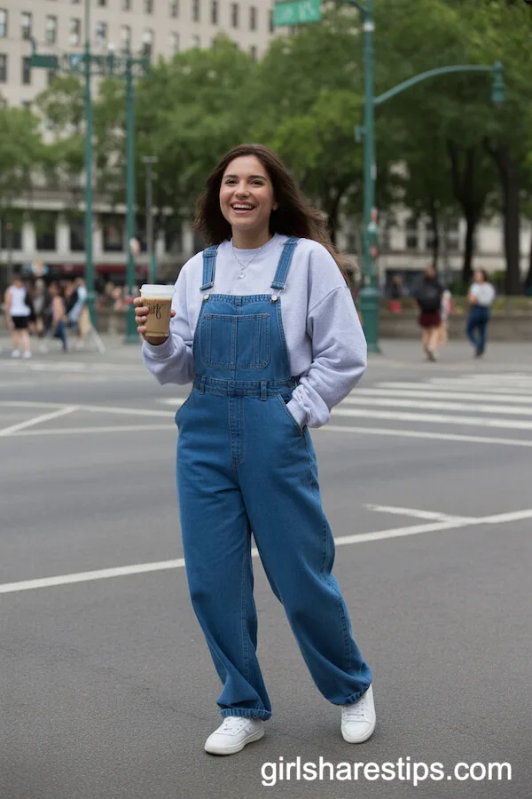 Light Grey Sweatshirt Layered Under Blue Denim Overalls