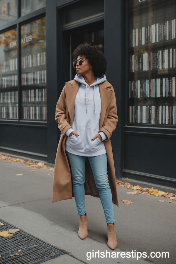 Light Grey Hoodie with a Camel Long Coat and Skinny Jeans