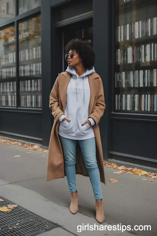 Light Grey Hoodie with a Camel Long Coat and Skinny Jeans