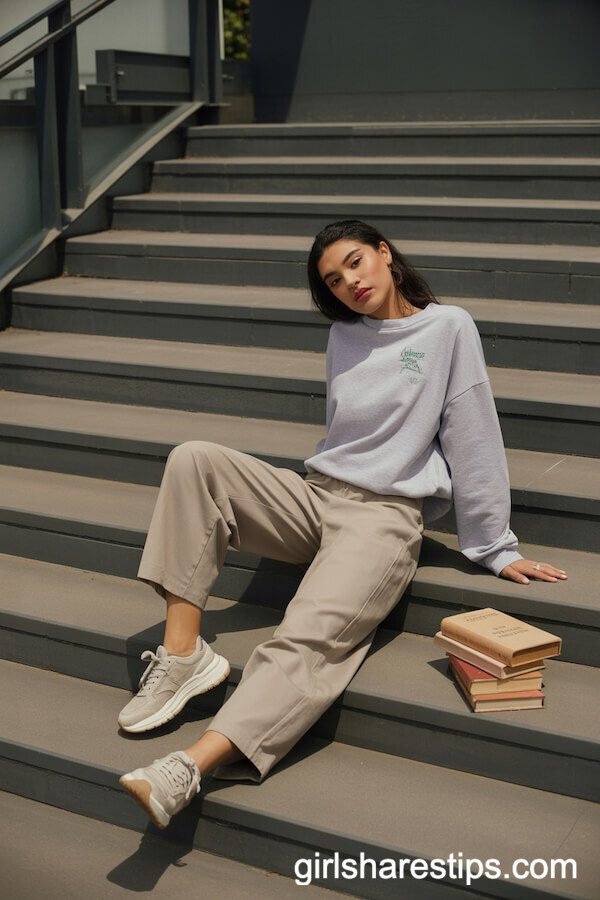 Light Grey Sweatshirt with Relaxed-Fit Khaki Trousers