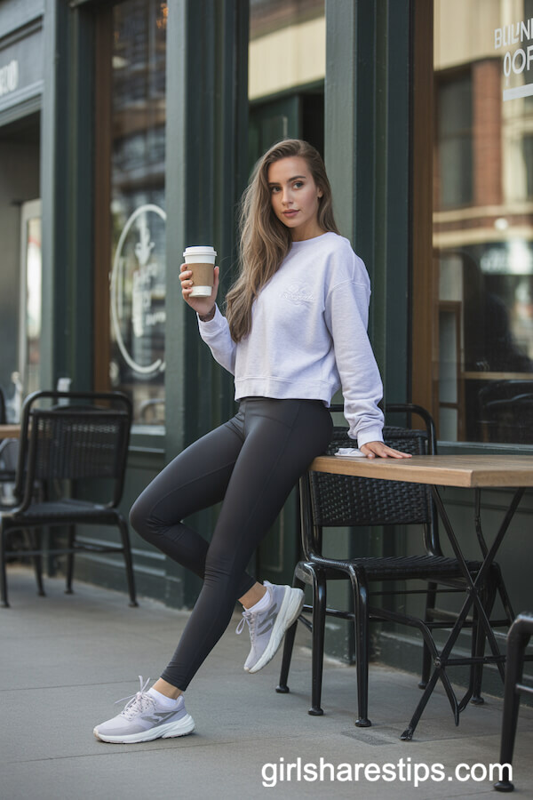 Light Grey Fitted Sweatshirt Paired with Black Leggings and Running Shoes