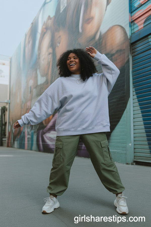 Oversized Grey Sweatshirt and Olive Cargo Pants Urban Style