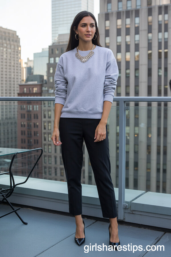 Grey Crewneck Sweatshirt with Tailored Black Ankle Pants and Statement Necklace