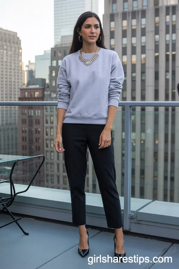 Grey Crewneck Sweatshirt with Tailored Black Ankle Pants and Statement Necklace