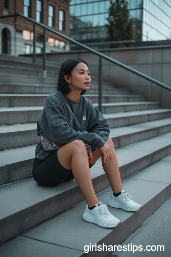 Dark Grey Sweatshirt and Black Biker Shorts City Park Look