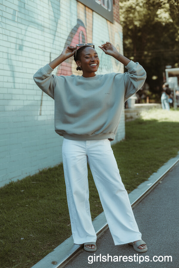Slouchy Pale Grey Sweatshirt Styled with White Wide-Leg Trousers