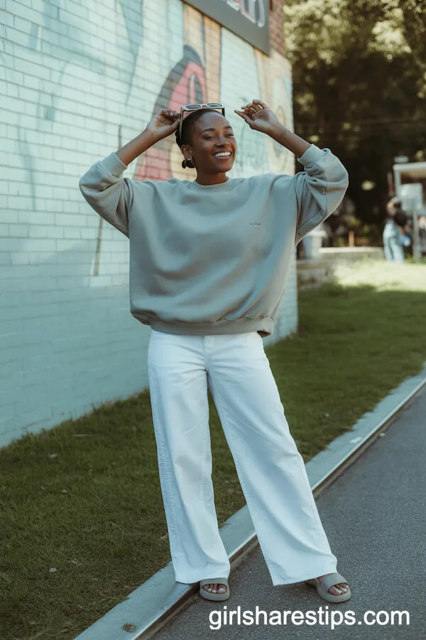 Slouchy Pale Grey Sweatshirt Styled with White Wide-Leg Trousers
