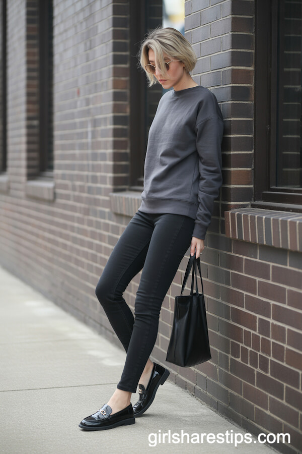 Minimalist Dark Grey Crewneck Sweatshirt Black Skinny Jeans