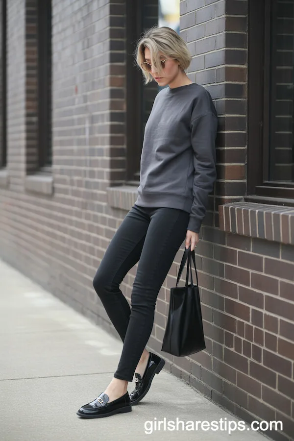 Minimalist Dark Grey Crewneck Sweatshirt Black Skinny Jeans
