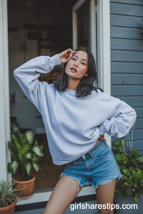 Oversized Light Grey Sweatshirt Matched with Blue Denim Cutoff Shorts