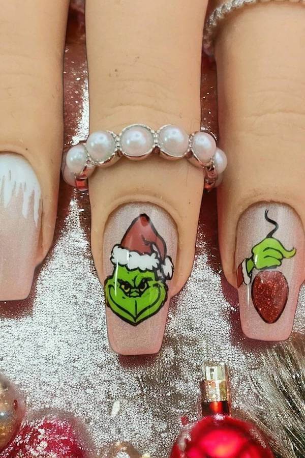  & Grinch Face and Ornament Nail Art