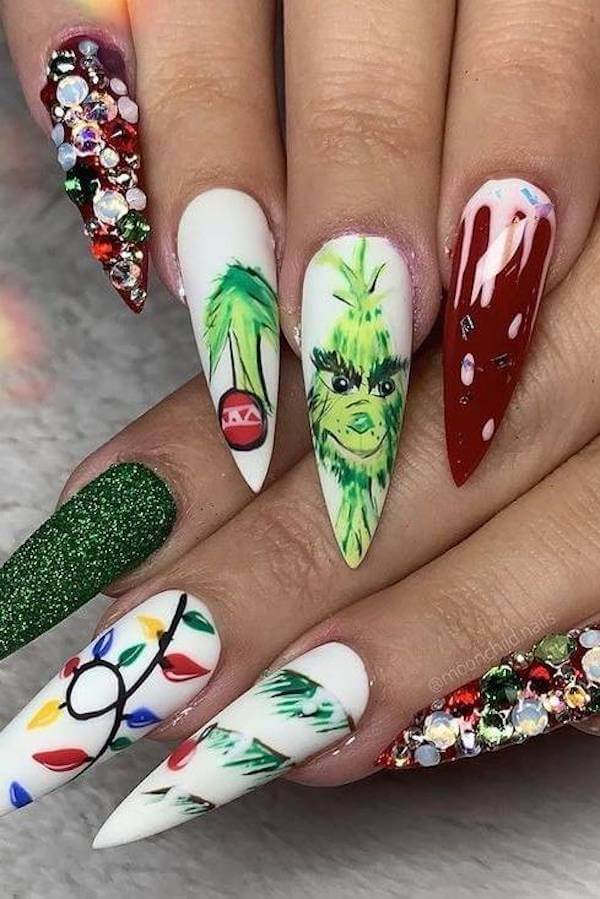 Stiletto Grinch Christmas Lights Nails