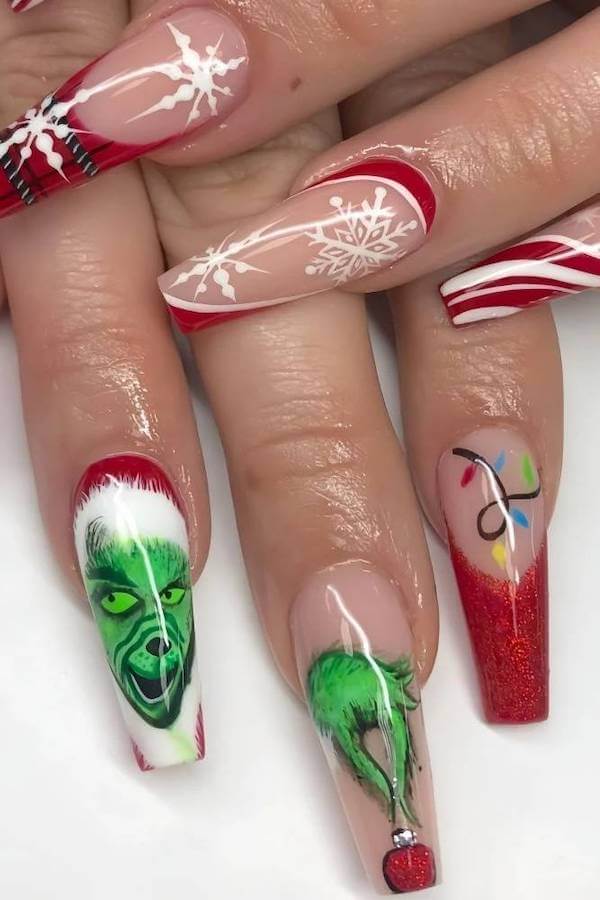 Grinch Snowflake and Candy Cane Nails