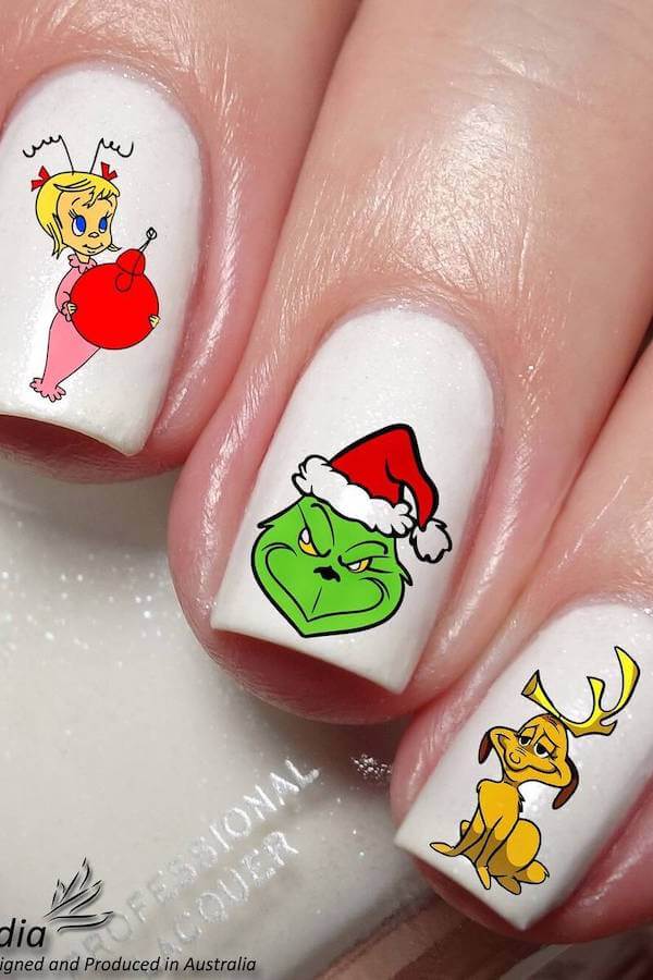 Classic Grinch, Max, and Cindy Lou White Nails
