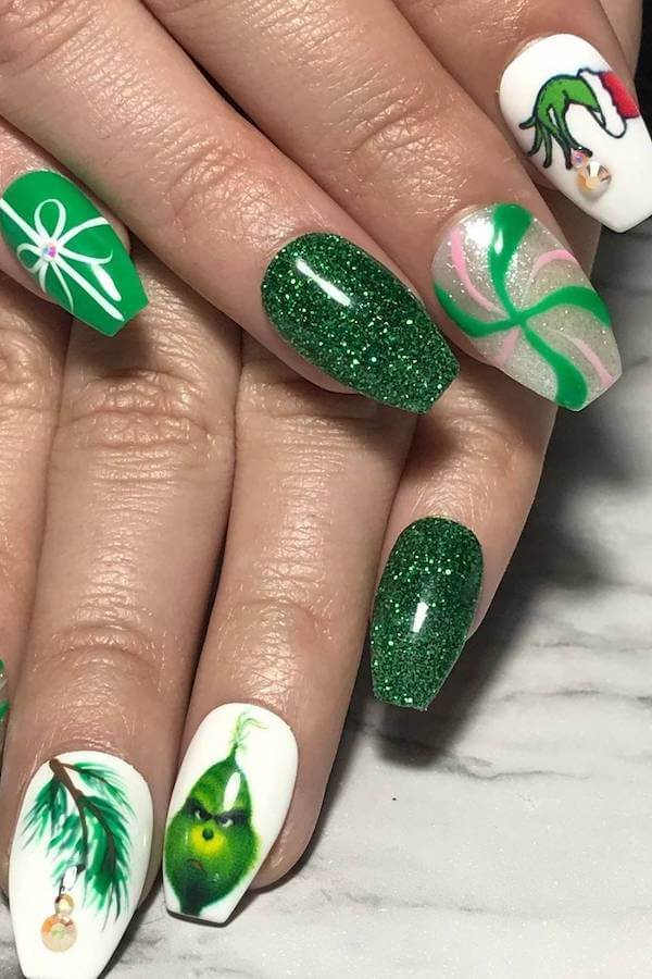 Glittery Green Grinch Ornament Nails