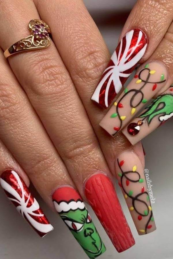 Peppermint and Grinch Christmas Lights Nails