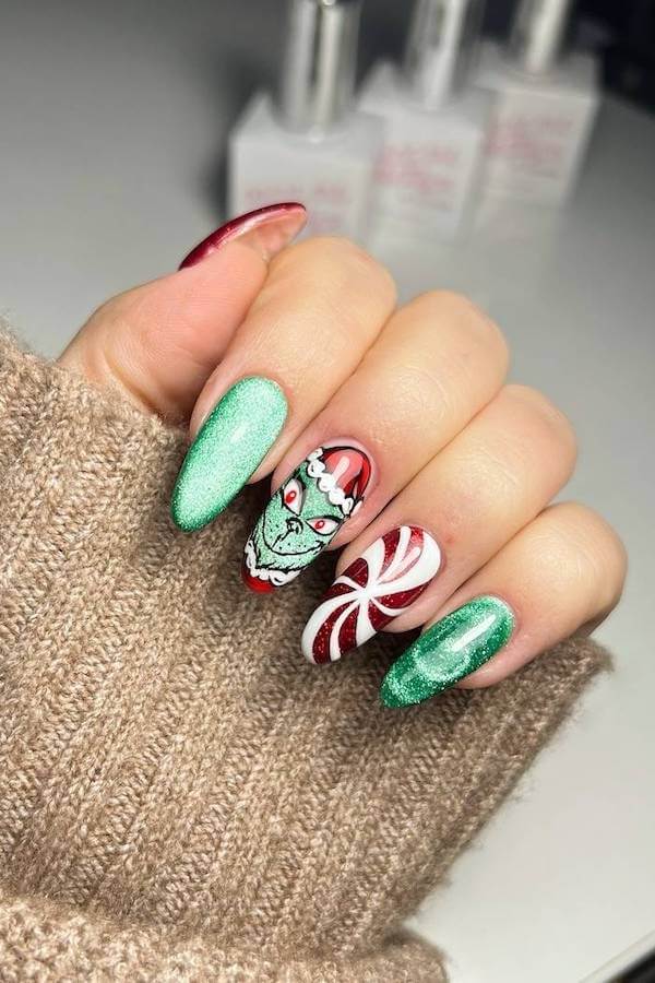 Sparkly Grinch and Peppermint Christmas Nails