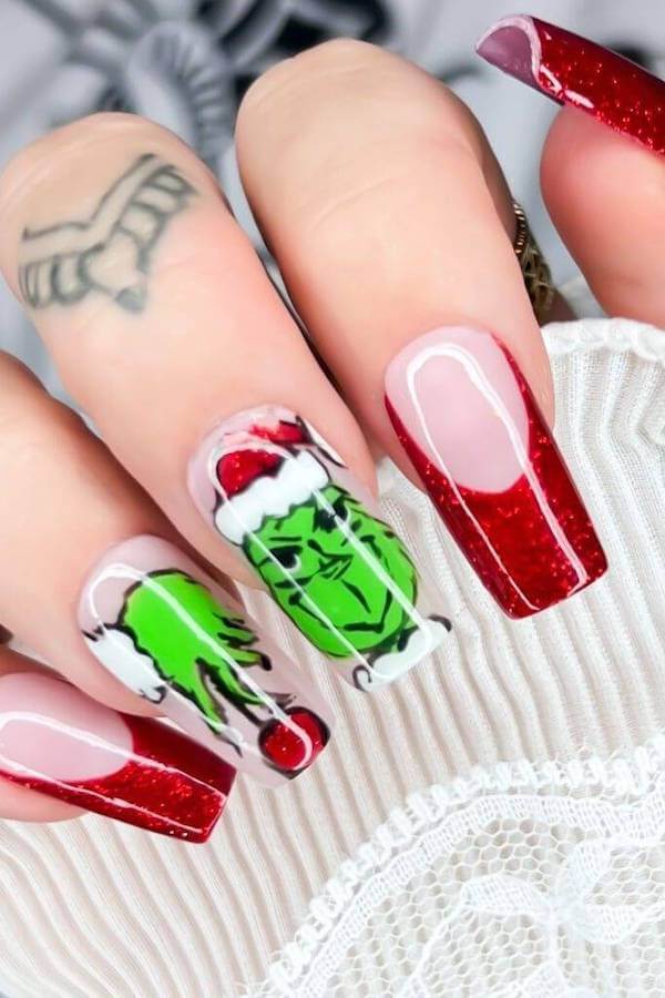 Red Glitter French Tips with Grinch Art