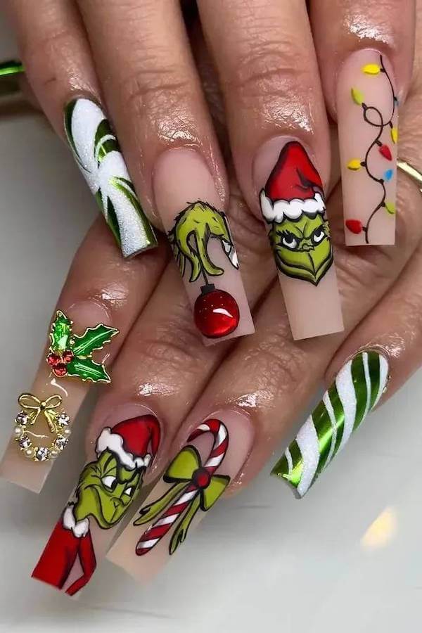 Festive Grinch Coffin Nails with Christmas Accents