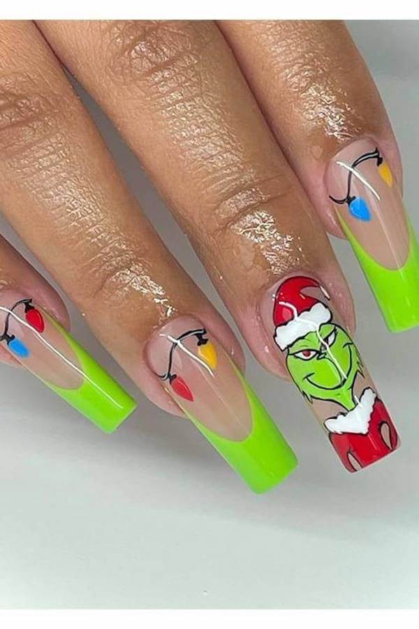 Neon Green Grinch and Christmas Lights Nails