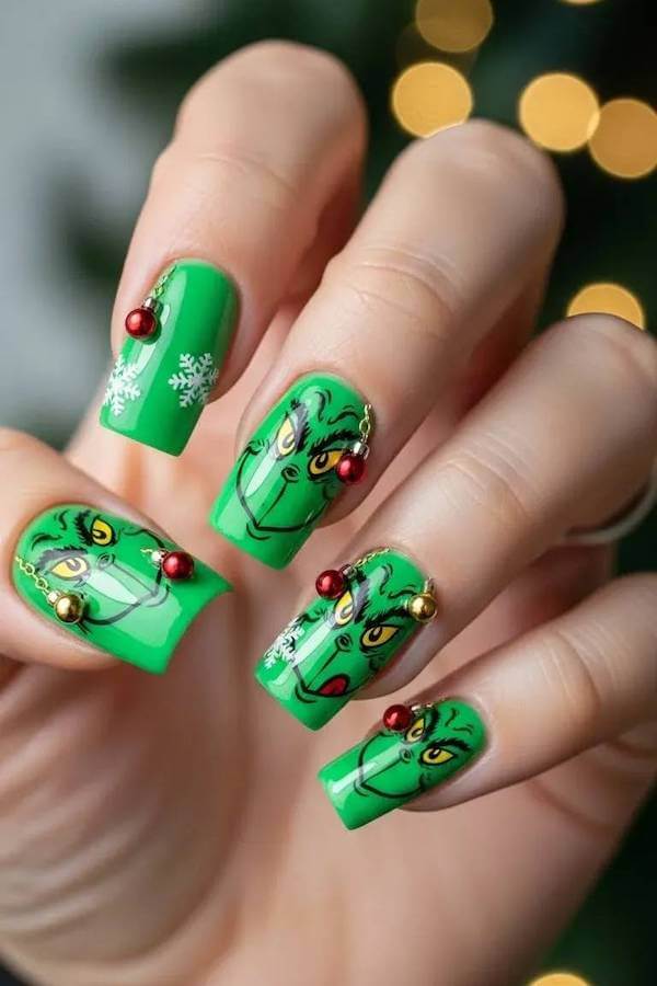 Green Grinch Face Nails with Ornaments