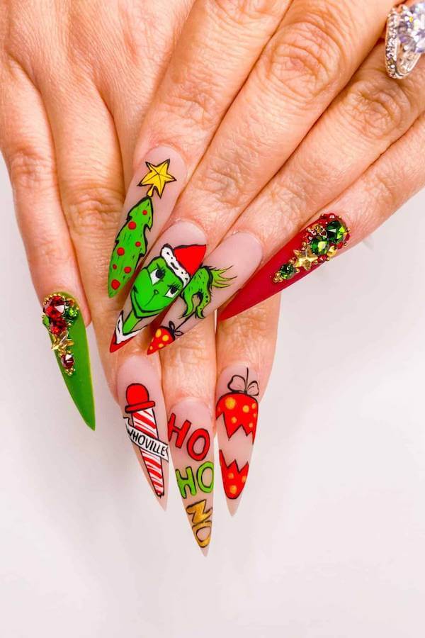Stiletto Grinch Nails with HO HO HO Lettering
