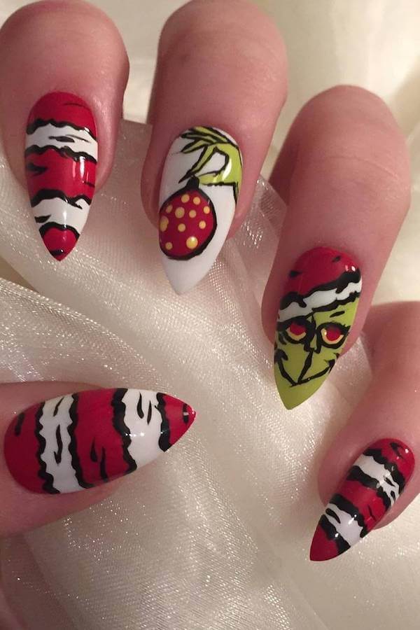 Classic Grinch and Ornament Almond Nails
