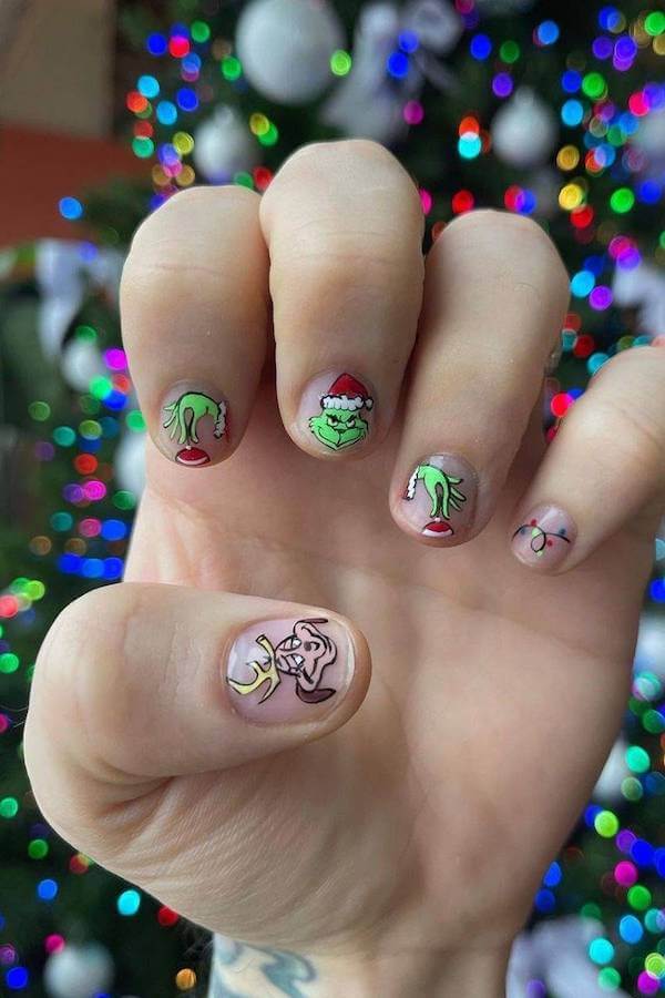 Minimalist Grinch Face and Hand Nail Art