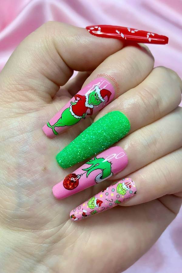 Pink and Green Grinch Christmas Coffin Nails