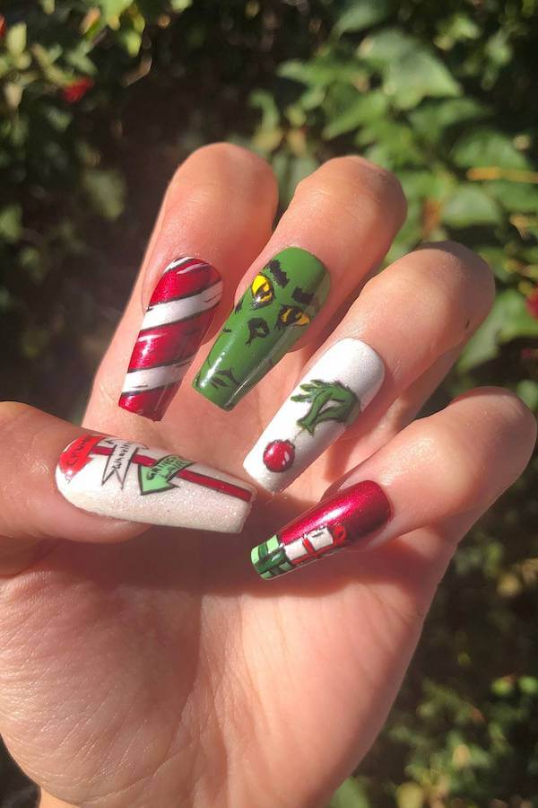 Classic Grinch and Candy Cane Nails